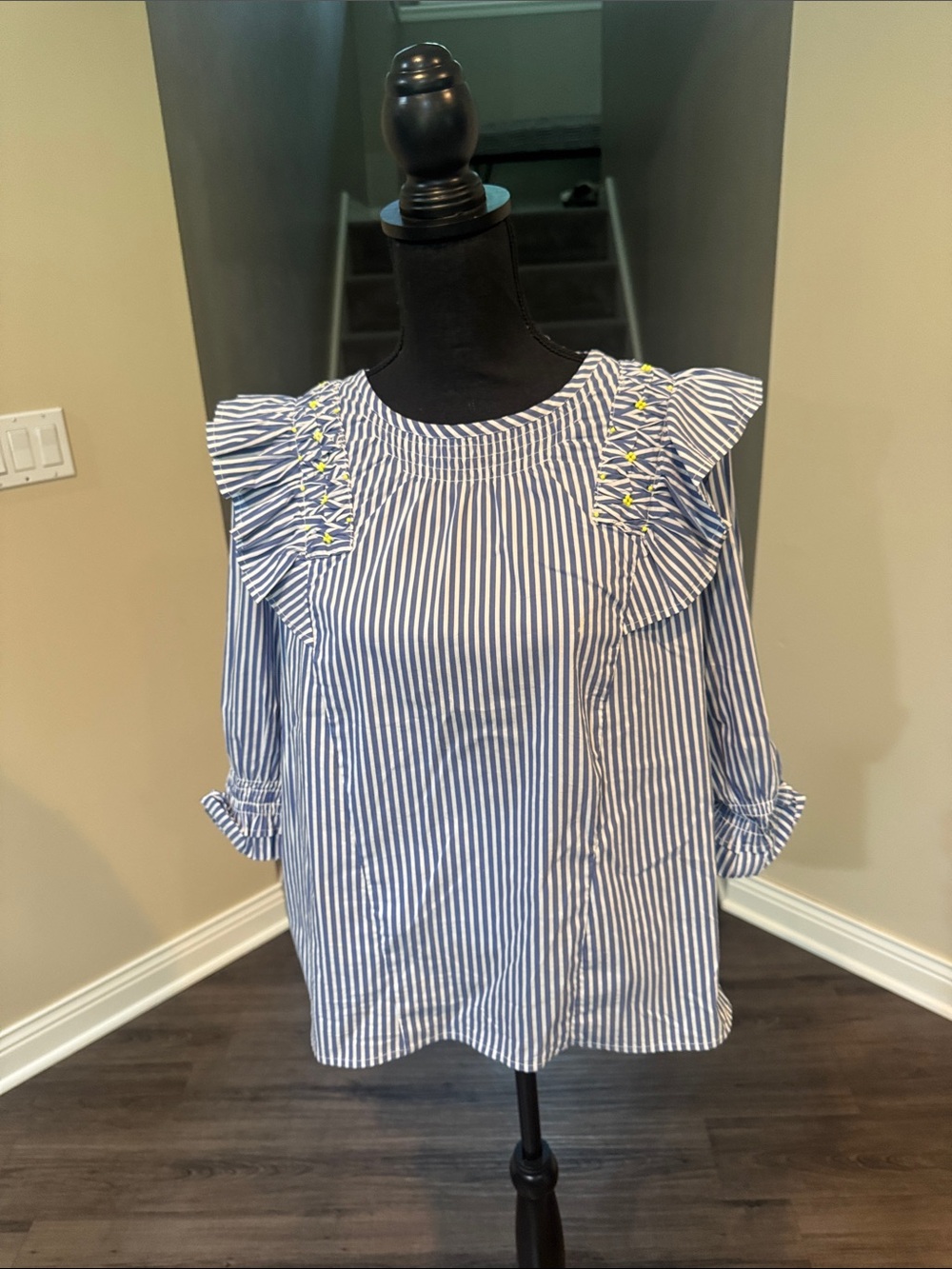 Tanya Taylor Blue and White Striped Ruffle-Sleeve Blouse